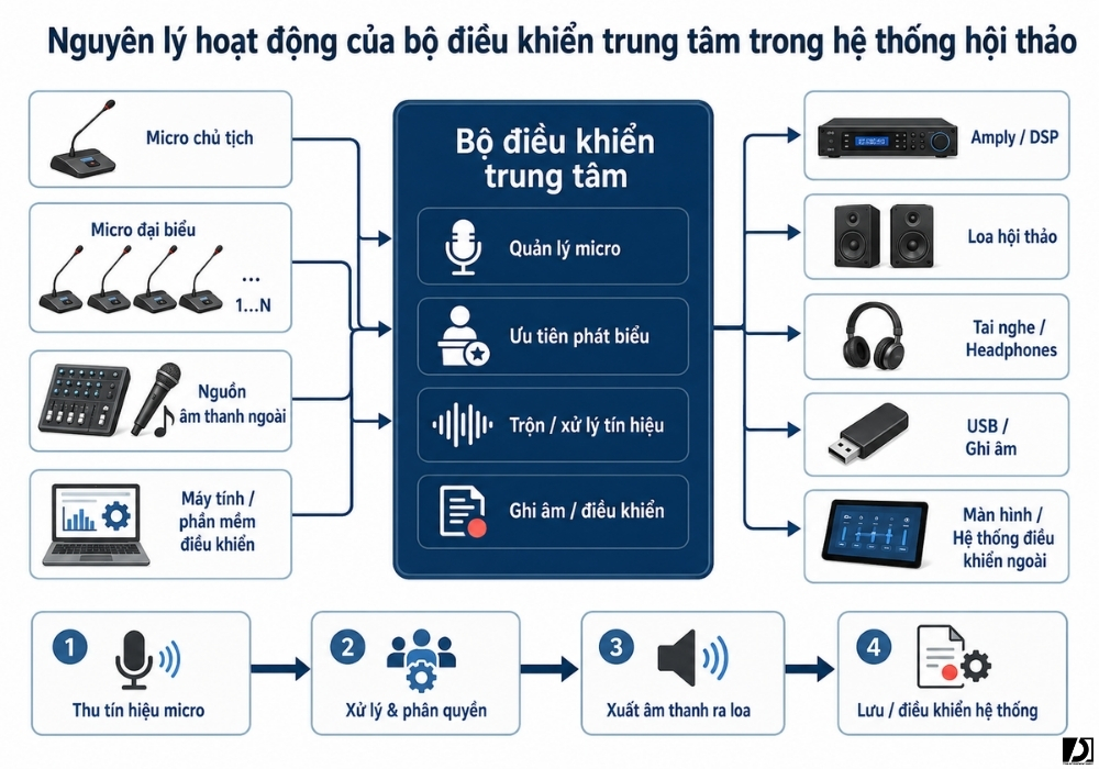 Nguyên lý hoạt động của bộ điều khiển trung tâm trong hệ thống hội thảo
