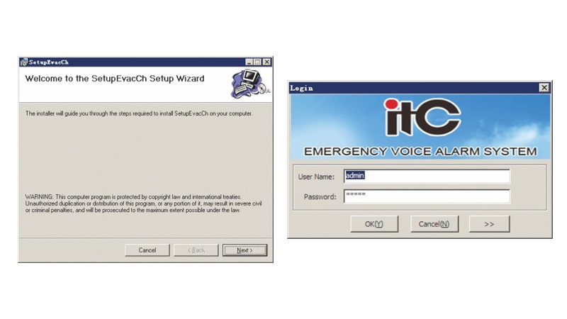 Giao diện mô phỏng phần mềm điều khiển hệ thống ITC EVAC VA-6000ST