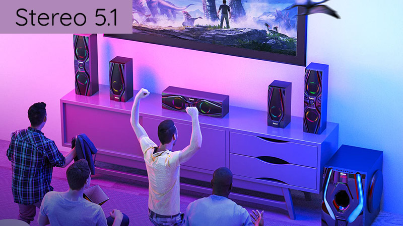 Stereo 5.1 gồm 5 loa xung quanh và 1 siêu trầm tái tạo dải bass